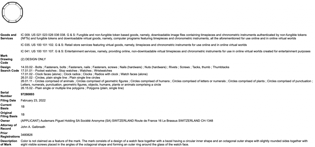 Audemars Piguet NTS TM application